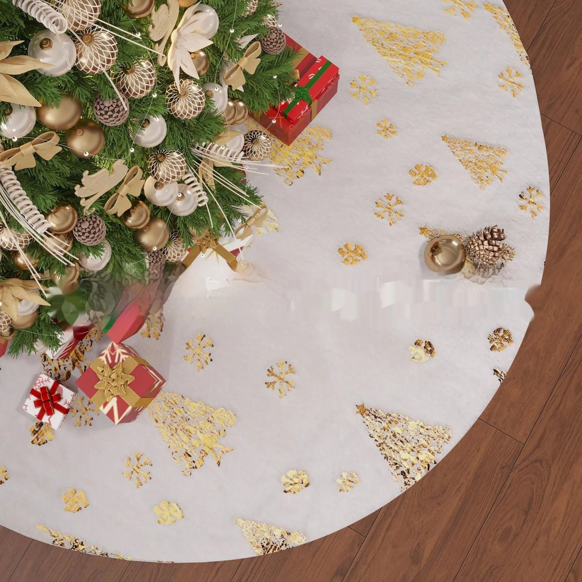 Plush Christmas tree style rug mat on floor in one of four available sizes.