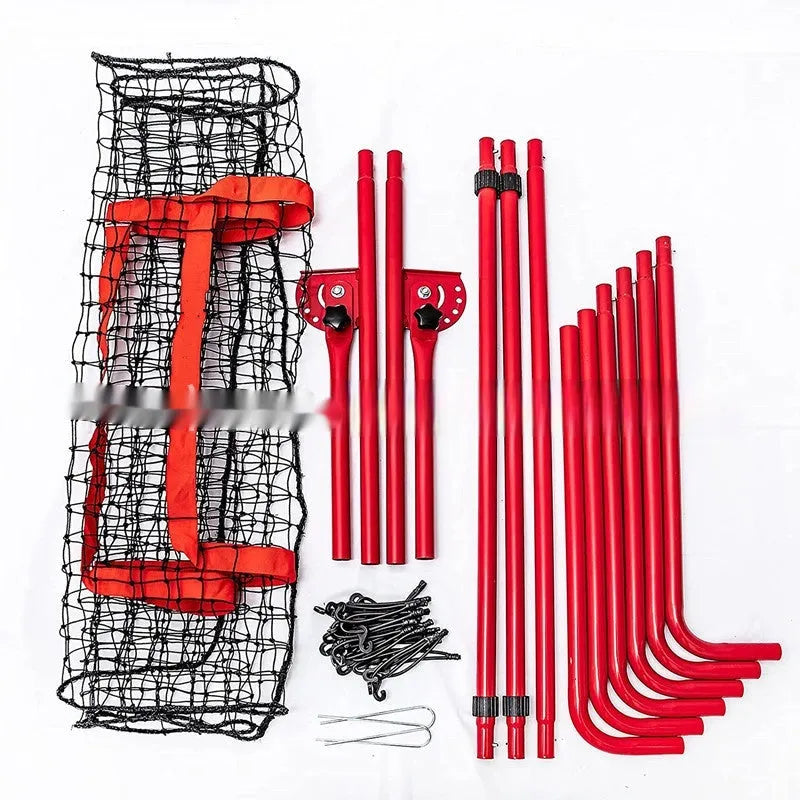 Red adjustable portable baseball training net with a 4ft by 6ft catching area and metal frame.