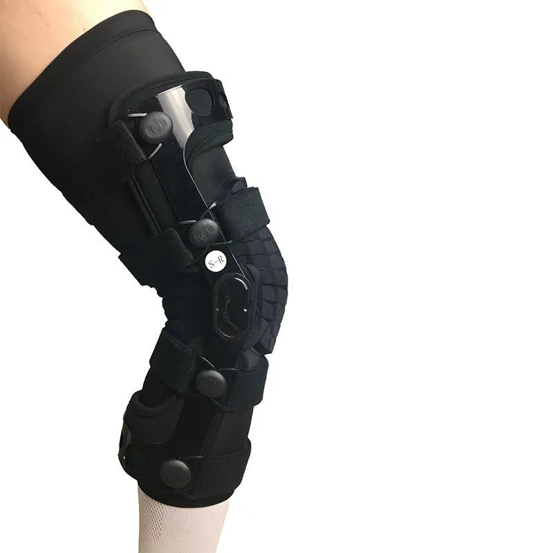 Black hinged knee brace for anterior ligament support, shown with left and right size tags.