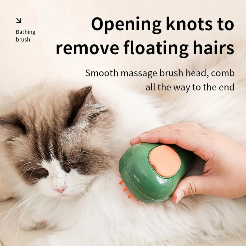 Green and white cat steam brush with silicone teeth and water spray function for pet grooming