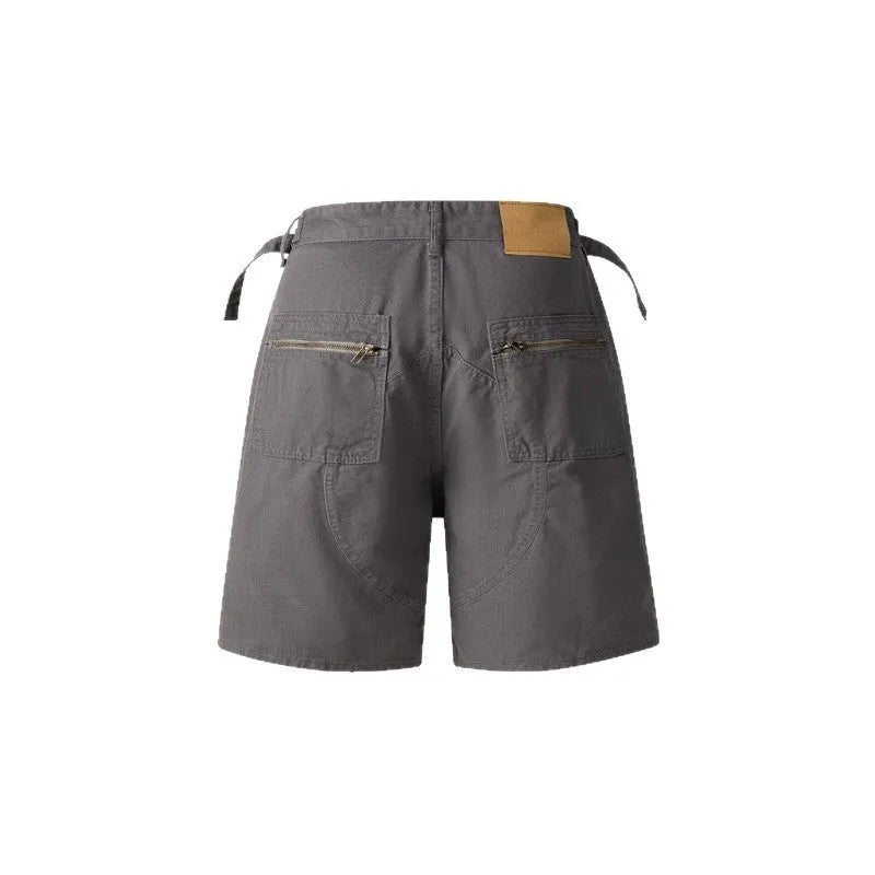 Retro workwear shorts in washed cotton fabric with half elastic waistband