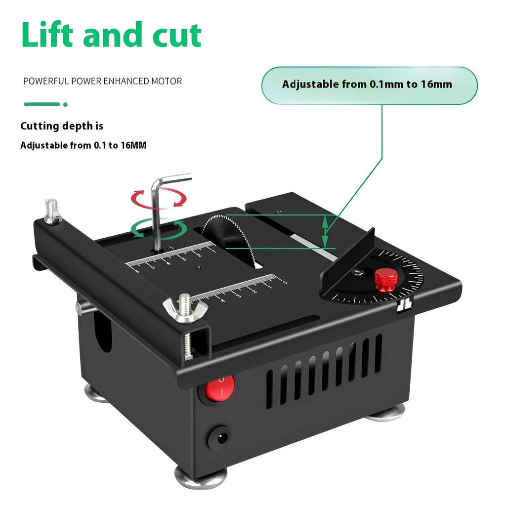 Lithium ion battery-powered desktop saw with metal construction and charging unit
