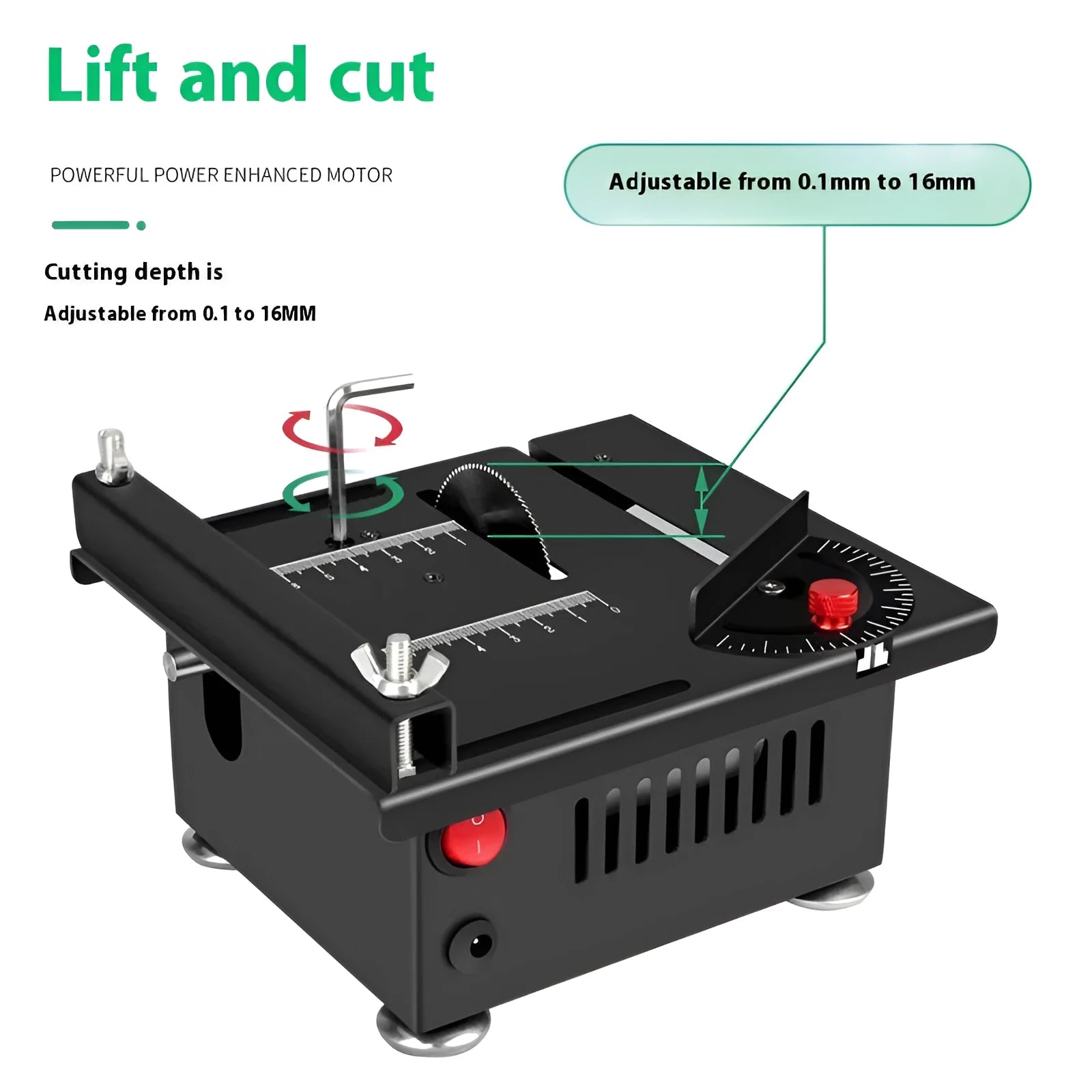 Lithium ion battery-powered desktop saw with metal construction and charging unit