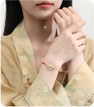 Koi Peace Buckle Hetian Jade Red Rope Bracelet, 925 silver, gold electroplated, retro women's bracelet