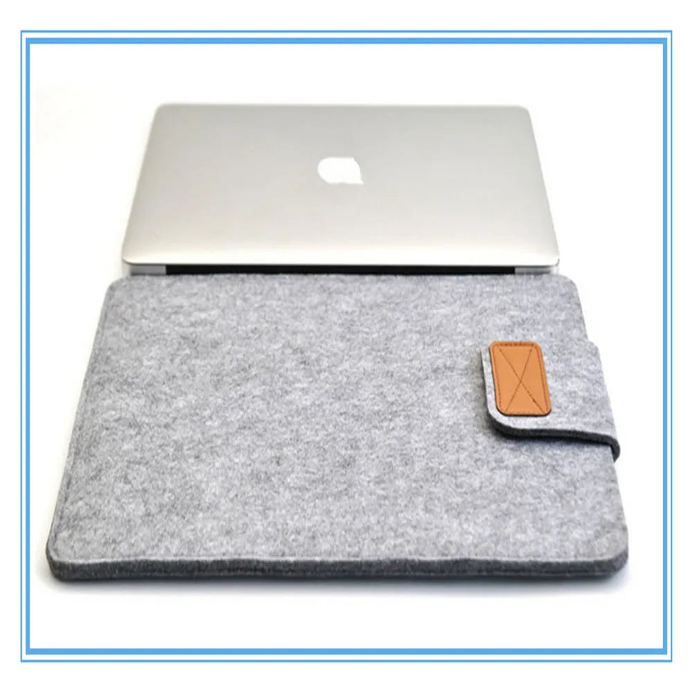 Felt laptop bag in khaki colour showing clamshell design with woven texture exterior