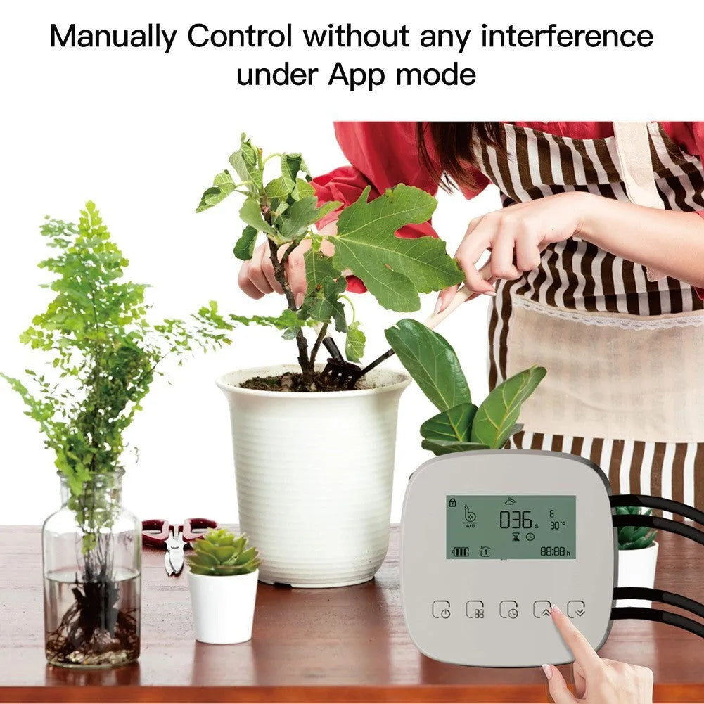Graffiti smart home rechargeable sprinkler timer with WiFi timing, 2600mAh battery, and drip irrigation accessories