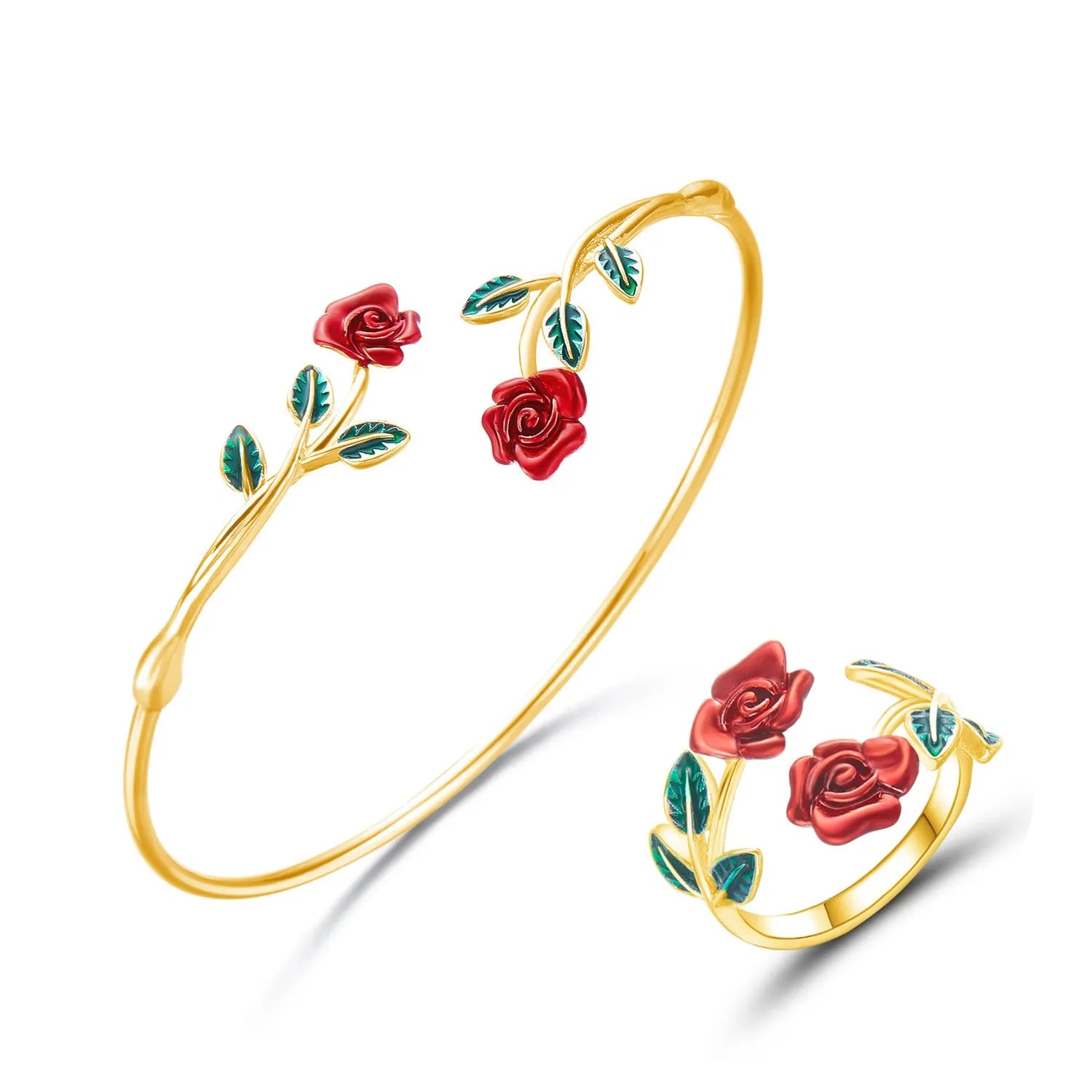 Rose open bracelet and ring set for women, electroplated copper, three colour options, European American style