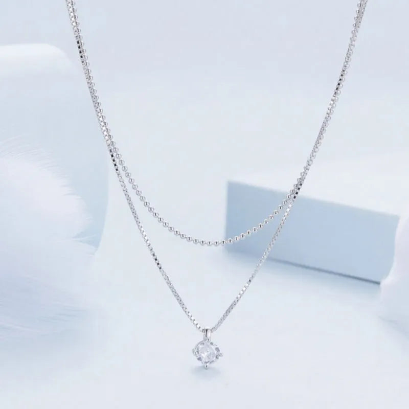 Double-layer sterling silver necklace with pearl chain for women