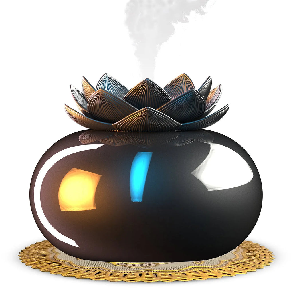Pure black circular Lotus USB aromatherapy humidifier with ultrasonic ceramic technology