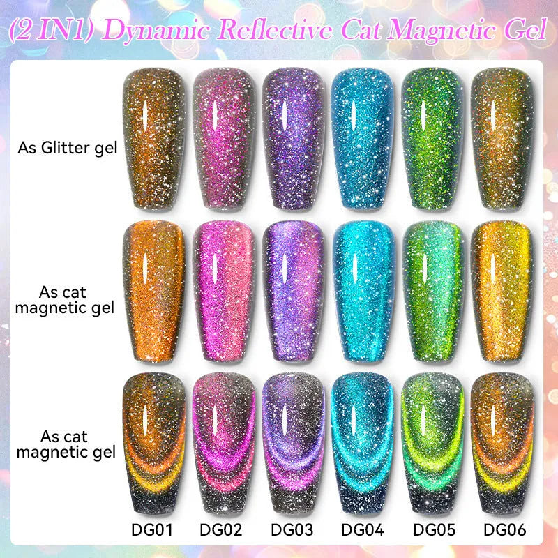 Diamond In The Debris Cat Eye Series UV nail polish gel pots in six glitter colours