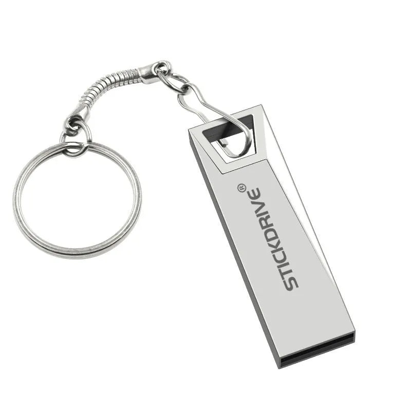 Metal USB flash drive on a keychain ring, shown in black and silver variants with decorative chain attachments.