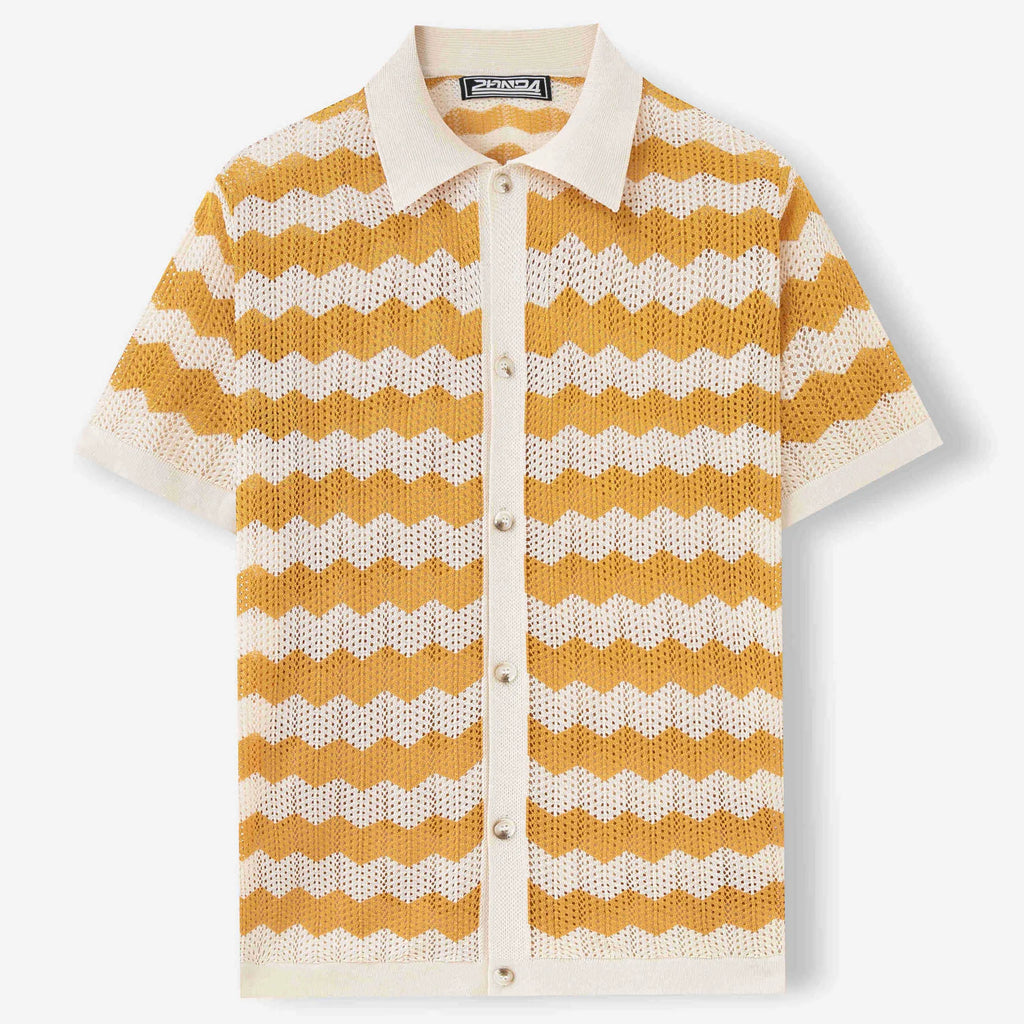 Short sleeve corrugated texture sweater in blue, brown, or yellow colours on a hanger.