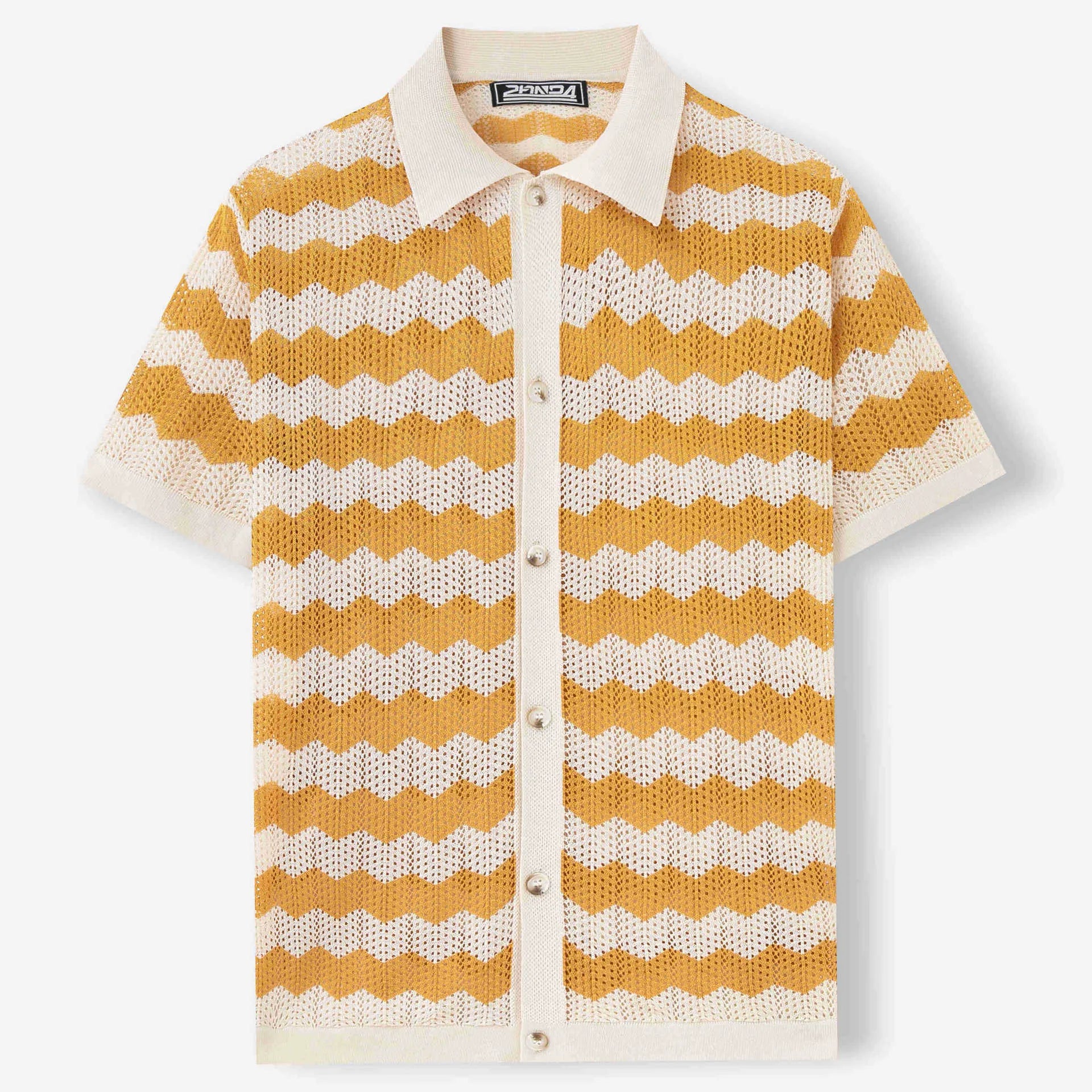 Short sleeve corrugated texture sweater in blue, brown, or yellow colours on a hanger.