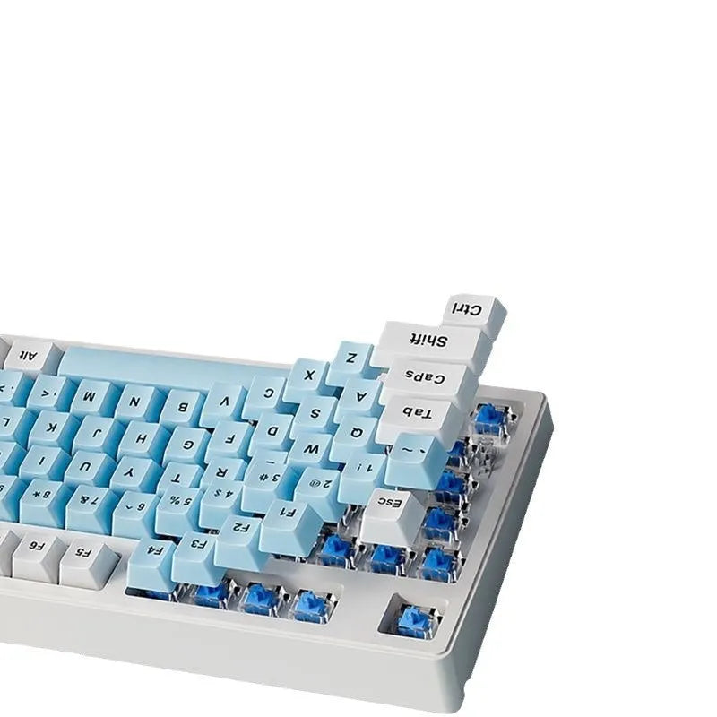 Wireless mechanical keyboard with triple connectivity showing blue and white colour matching design