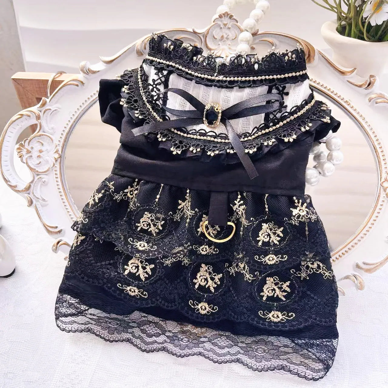 Golden gothic princess style skirt clothing for cat or dog on mannequin