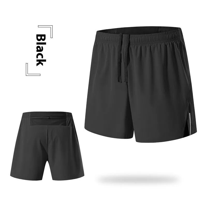 Men's high-waist loose fit off-road running shorts in quick-dry fabric, shown in red, black, navy and grey.
