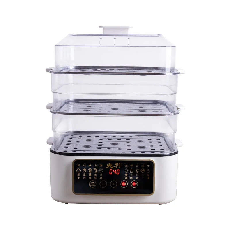 Stainless steel electric steamer appliance with 28-litre capacity and digital display