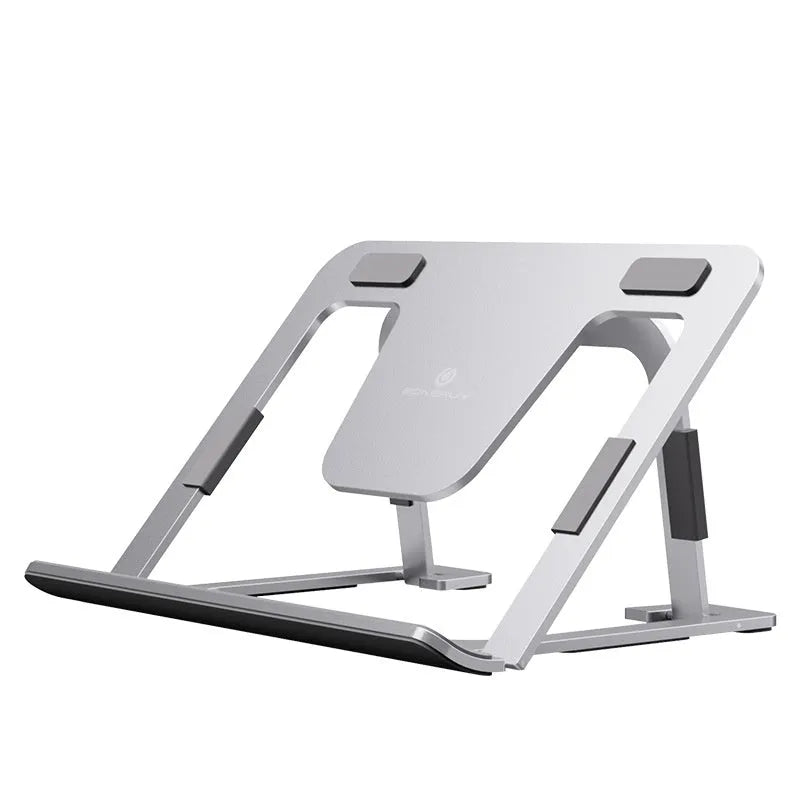 Foldable aluminum alloy tablet and phone holder stand in P63 dark gray on a desk