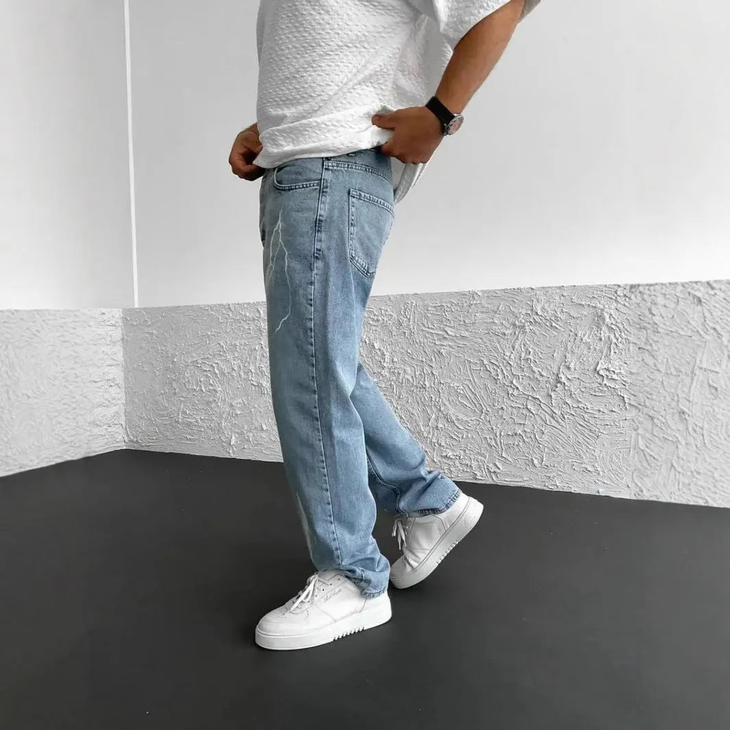 Men's blue straight-leg loose wide leg cotton denim trousers mid waist zip fly for teenagers
