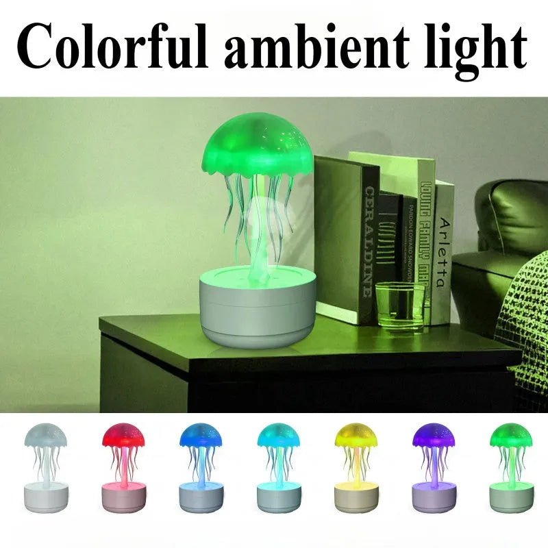 White resin jellyfish humidifier diffuser with 7-colour night light and essential oil tray for bedroom or office desk