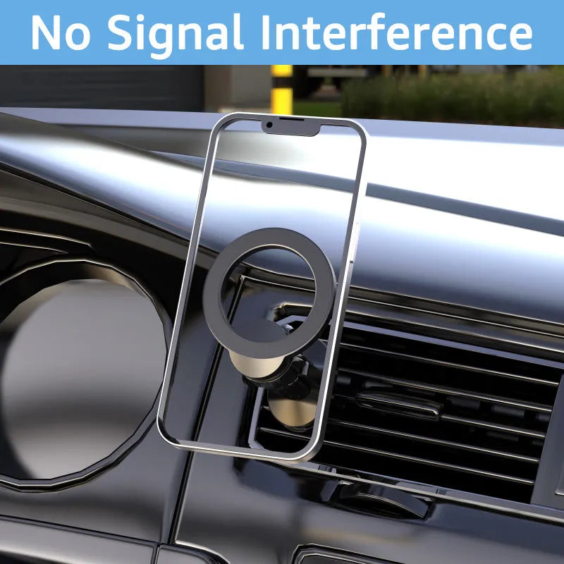 Black magnetic car phone holder clipped to a car air vent with a smartphone attached.