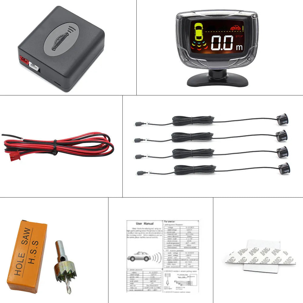 Wireless vehicle reversing sensor kit with LED display unit, four colour probes, power cable, and installation tools.
