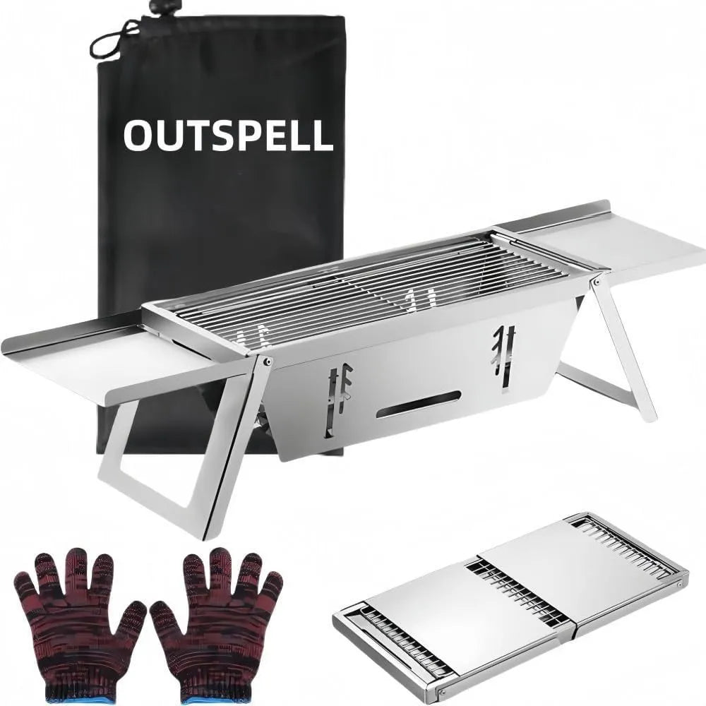 Small folding portable charcoal barbecue grill shown open for use and collapsed for storage