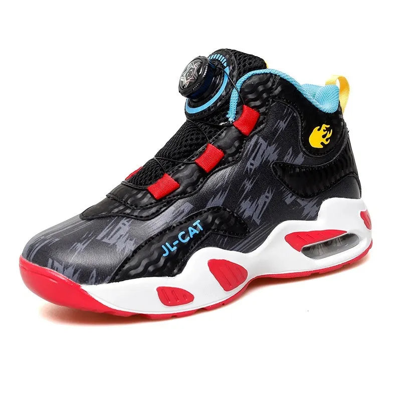Children's rotating button basketball shoes in multiple colours with waterproof synthetic leather upper