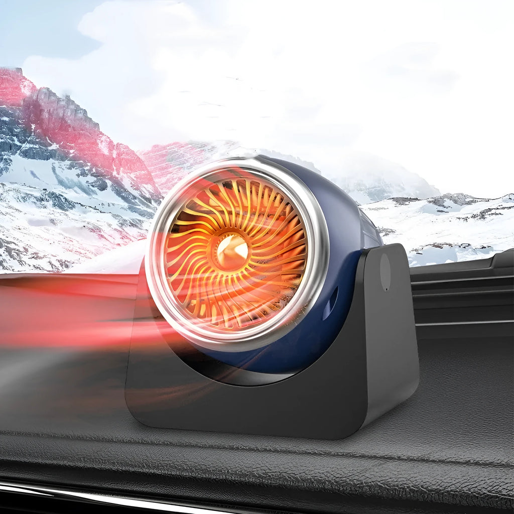 Navy blue 12V car heating fan with large air outlet for windshield defogging and frost removal