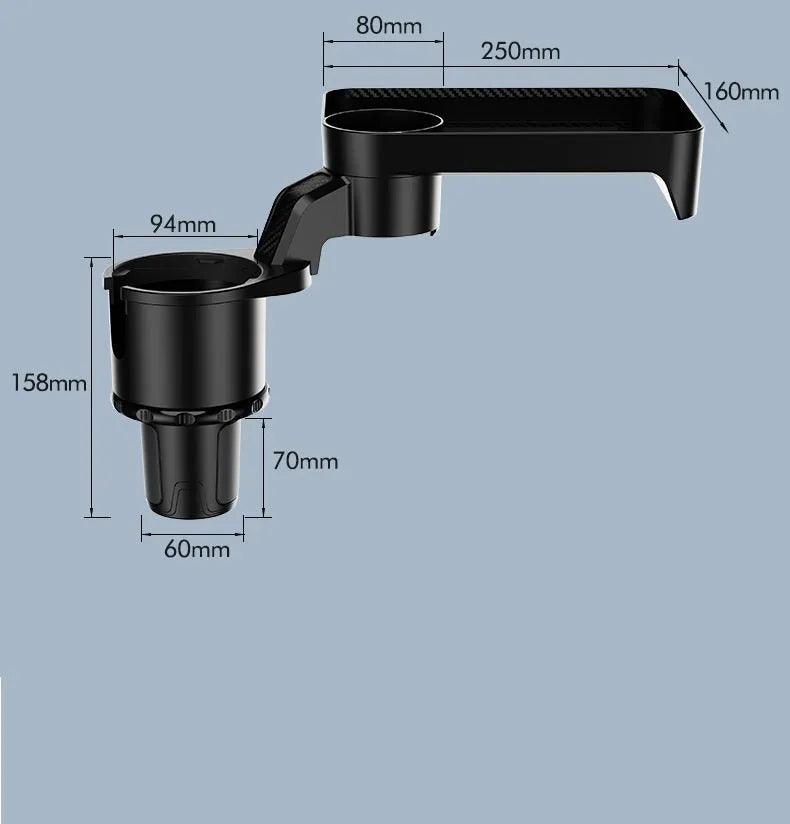 Black car-mounted 360-degree rotating dinner tray holder inserted in vehicle cup holder