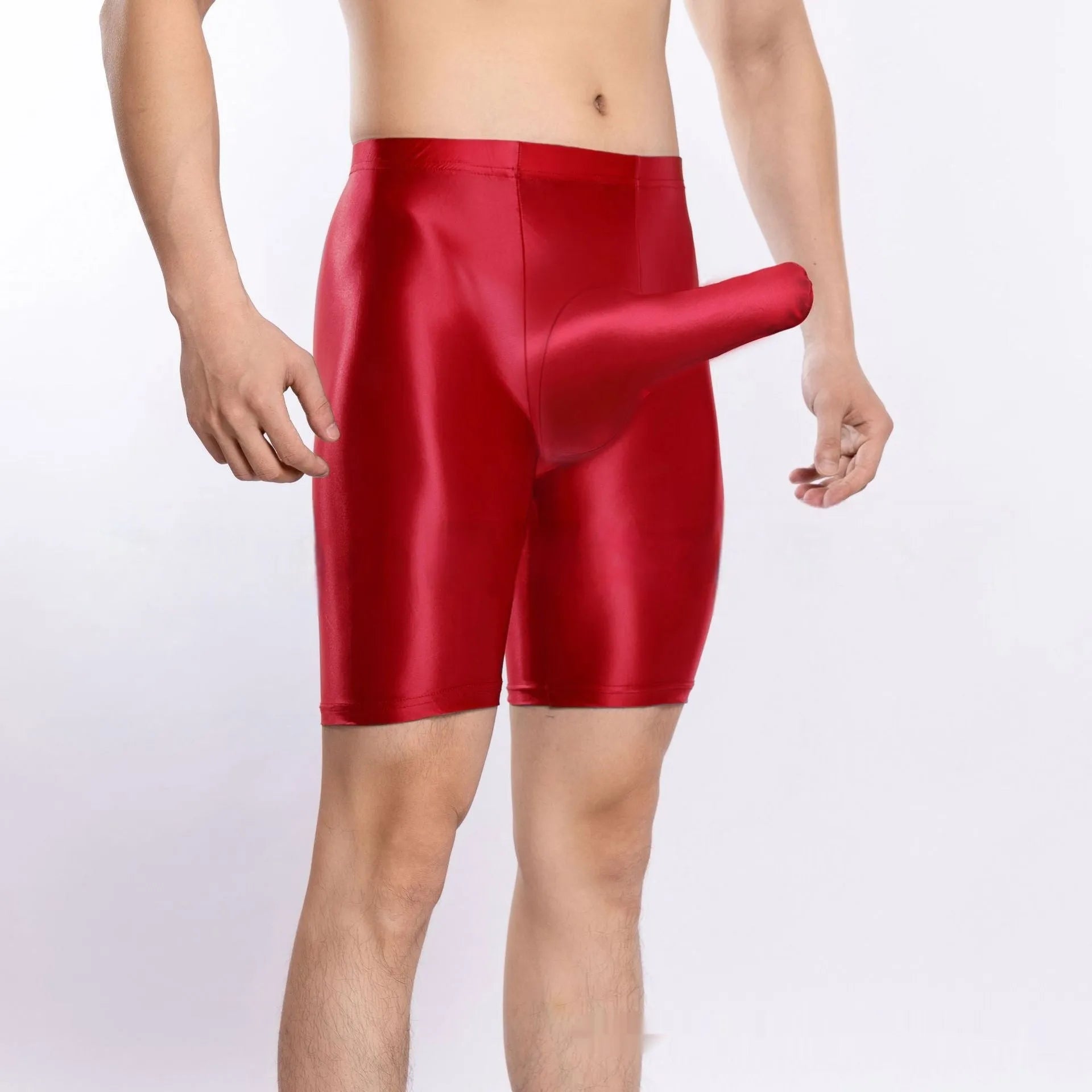 Men's plus size shiny silky nylon sports shorts in multiple colours on a size chart.