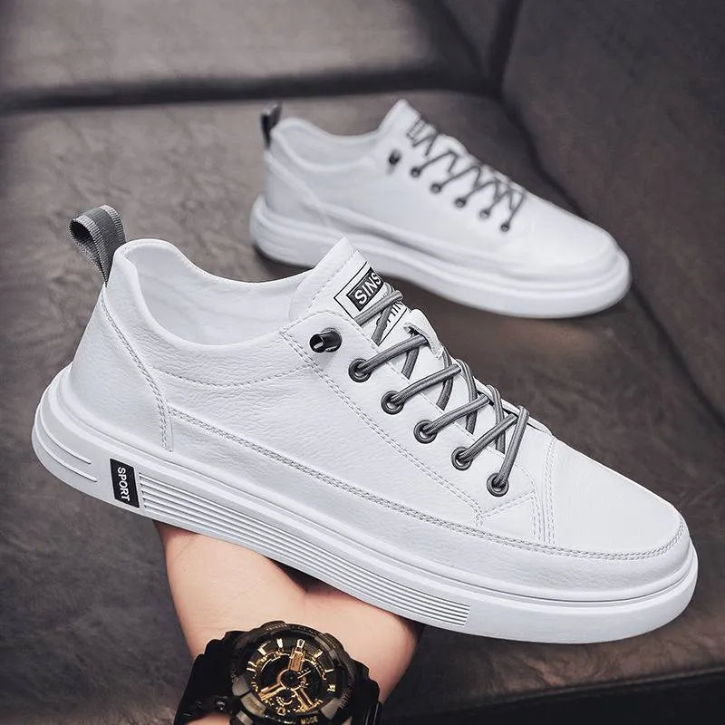 Men's white casual summer shoes with round toe and low heel design