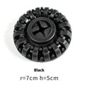 Black and red TPR dog food leakage tyre toy on surface, 14x5cm size
