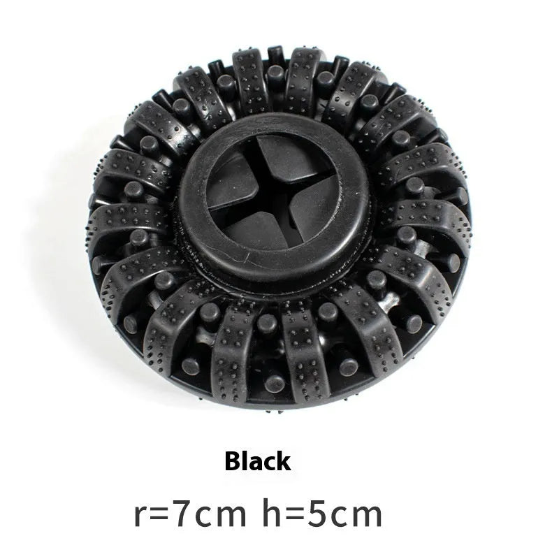 Black and red TPR dog food leakage tyre toy on surface, 14x5cm size