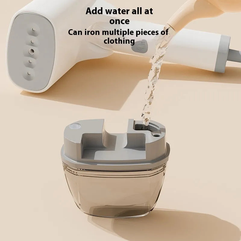 Blue handheld garment steamer with water tank and mechanical controls for ironing clothes