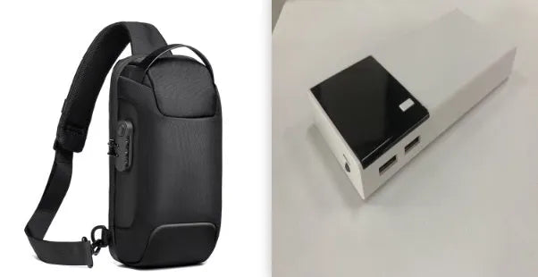 Black 20000mAh portable power bank with charging cable, dimensions 135mm by 60mm.