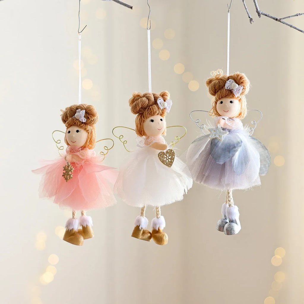 White Christmas tree angel girl ornament with snowflake design made from metal plastic cloth