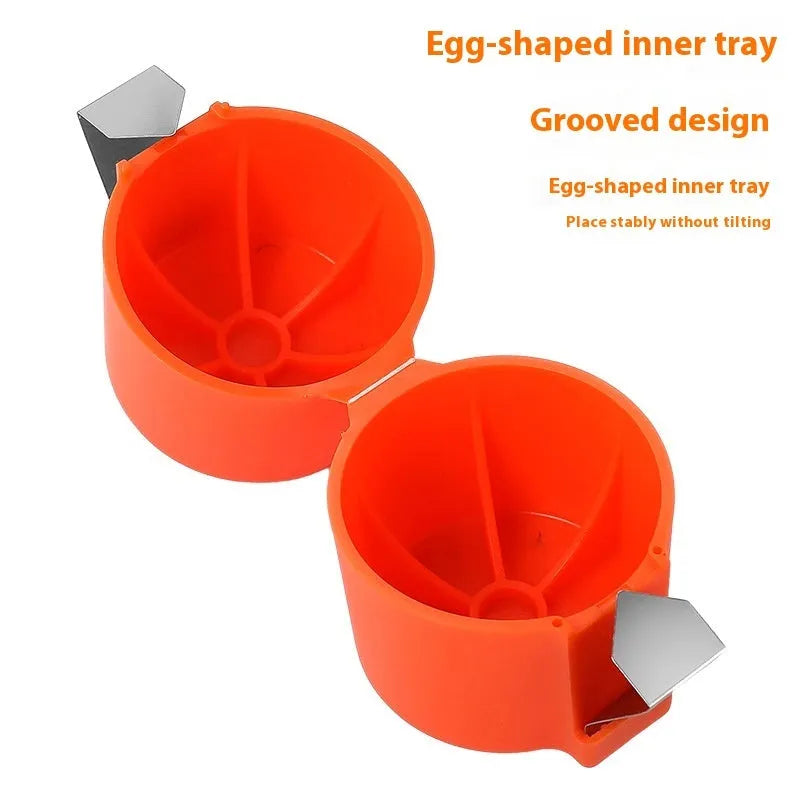Egg shell opener and beater in pink with stainless steel mechanism on white background
