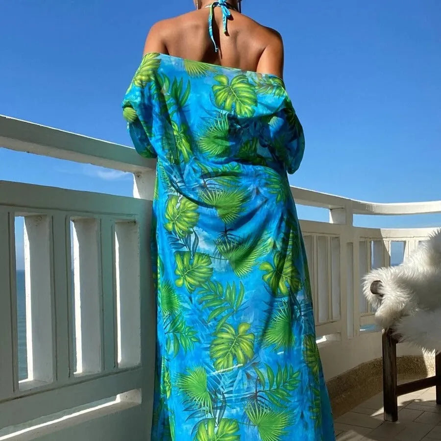 Two-piece banded bikini set with split long sleeve blouse and matching robe for swimming