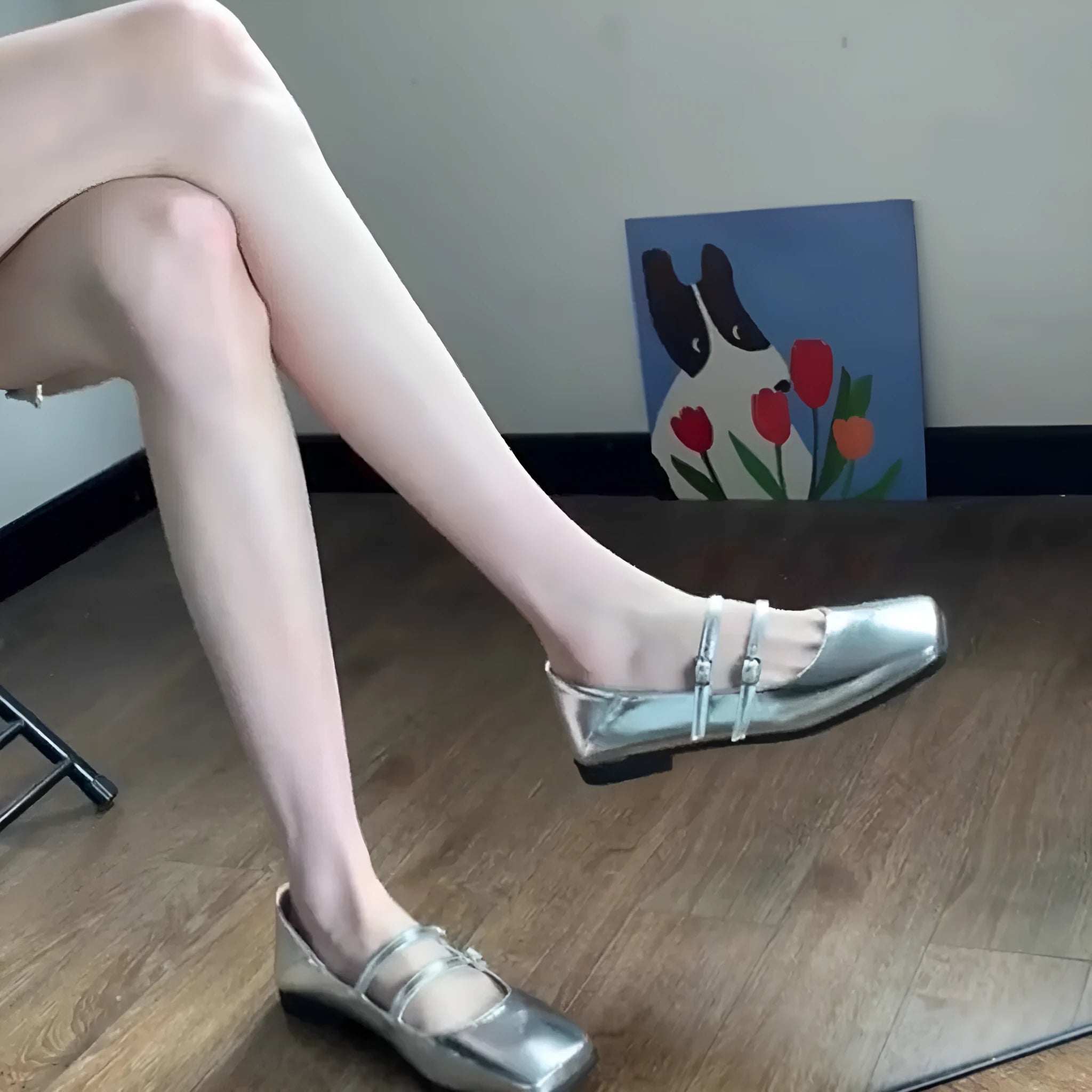 Genuine sheepskin leather Mary Jane ballet flats with cross-buckle strap in silver colour