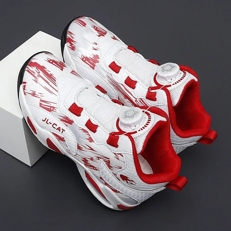 Children's rotating button basketball shoes in multiple colours with waterproof synthetic leather upper