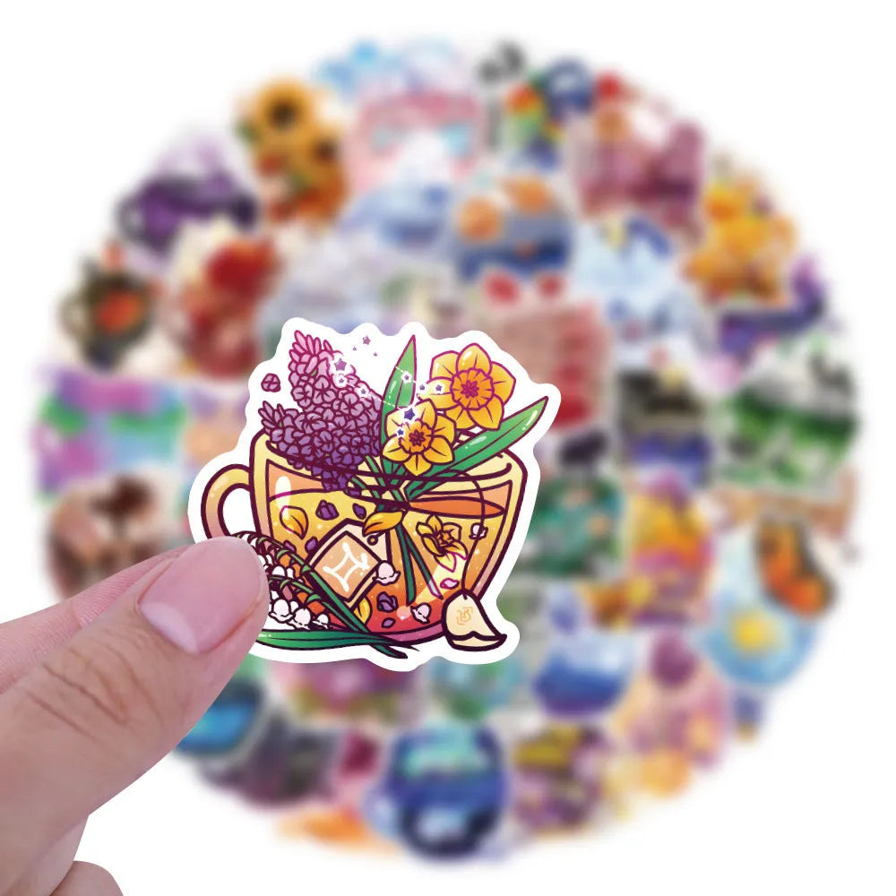 Pack of 50 colourful tea cup graffiti design waterproof vinyl stickers for DIY decoration.