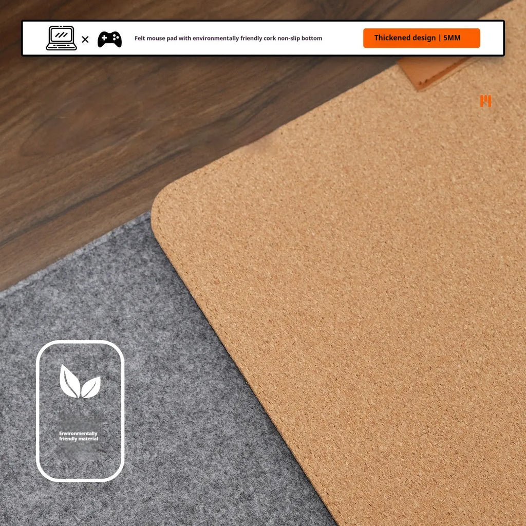 Felt cork desk mat in grey on a wooden desk, showing non-slip base and simple Japanese style design.