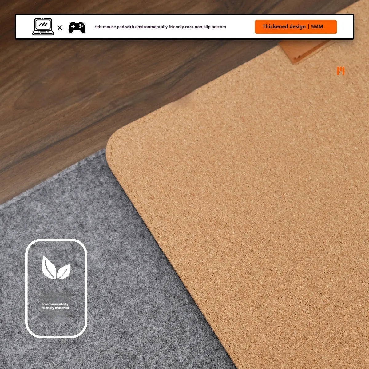 Felt cork desk mat in grey on a wooden desk, showing non-slip base and simple Japanese style design.