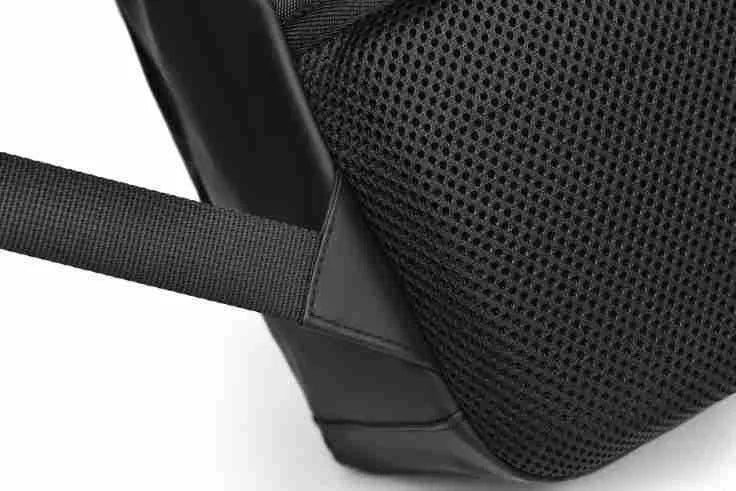 Waterproof PU leather men's backpack in black, blue and grey colour options showing large capacity design