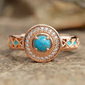 Women's turquoise ethnic style copper ring with micro-inlaid zircon stones in rose gold colour