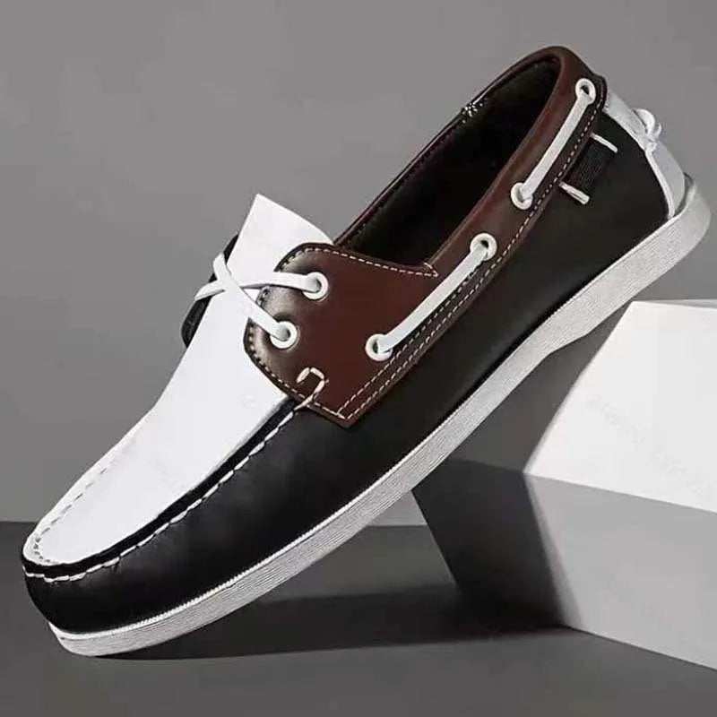 Men's British style casual shoes with artificial PU upper in various colours on a white background.