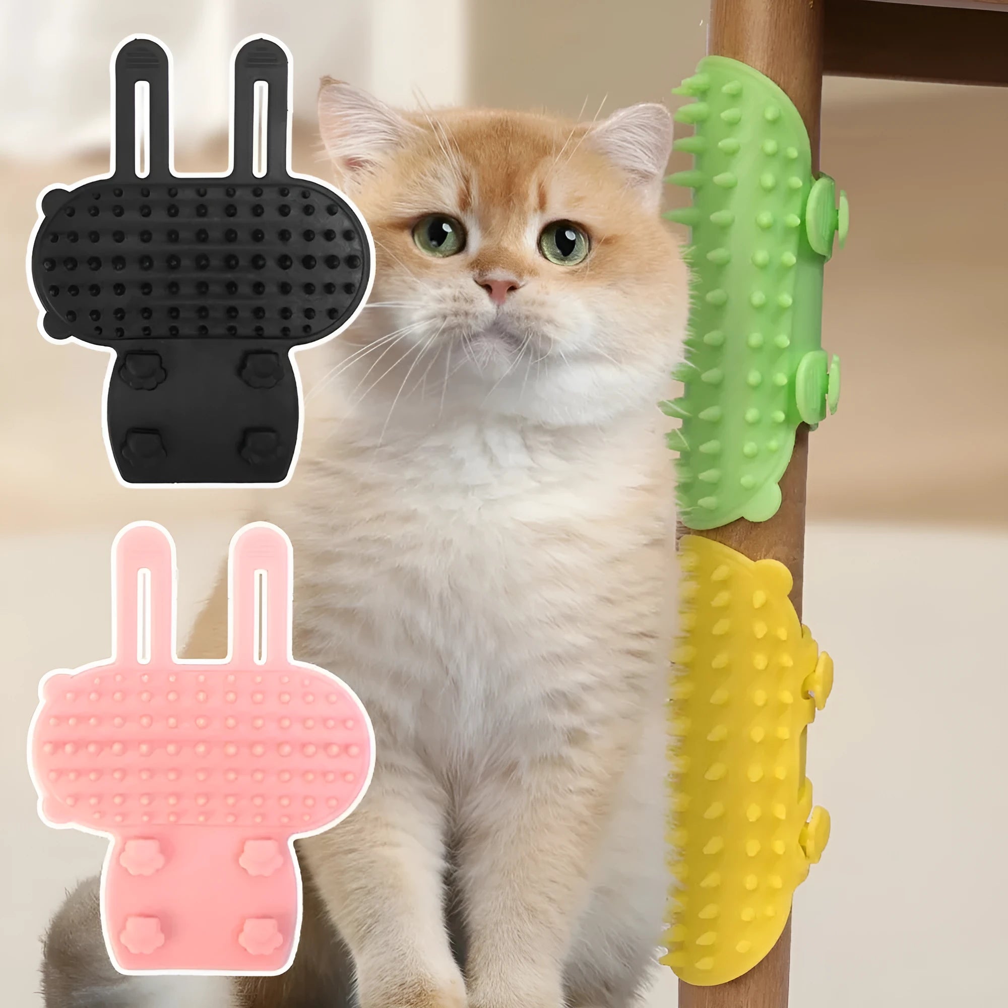 Silicone cat grooming brush with adjustable strap and rounded comb teeth in four colour options