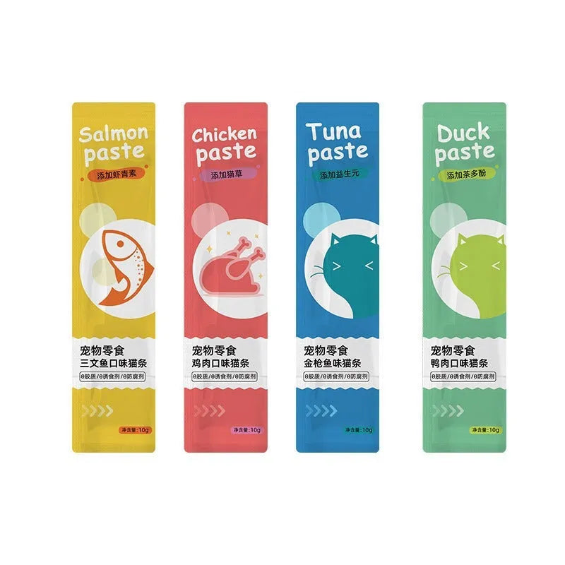 Pack of 10 moist cat strip snacks for kittens in four flavour varieties.