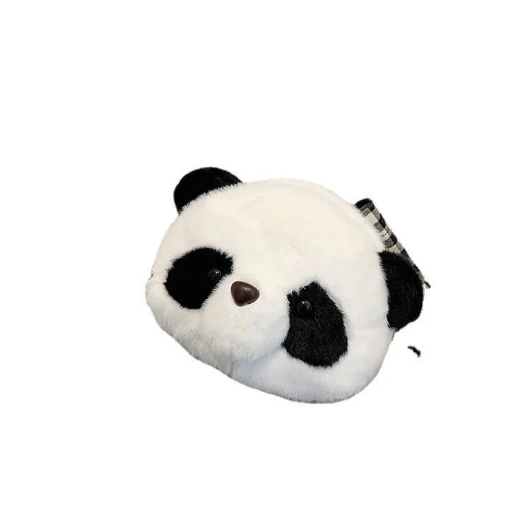 Panda head plush crossbody bag with cylindrical shape and sandwich pocket measuring 18cm